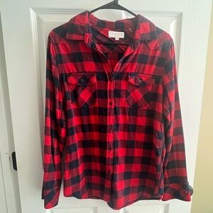 Ci Sono Red & Navy Blue Plaid Flannel Button Down Shirt Elbow Patches Women’s M